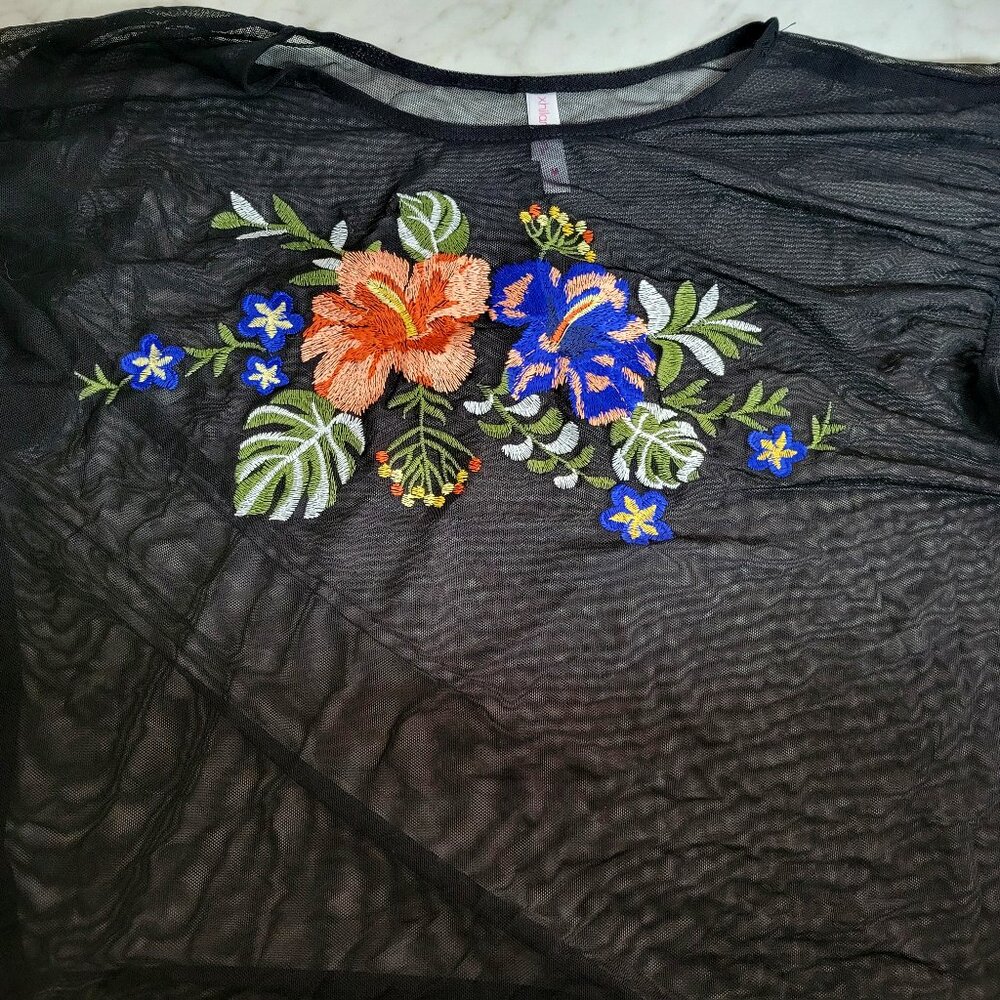 Xhilaration Black Mesh Flowered Top